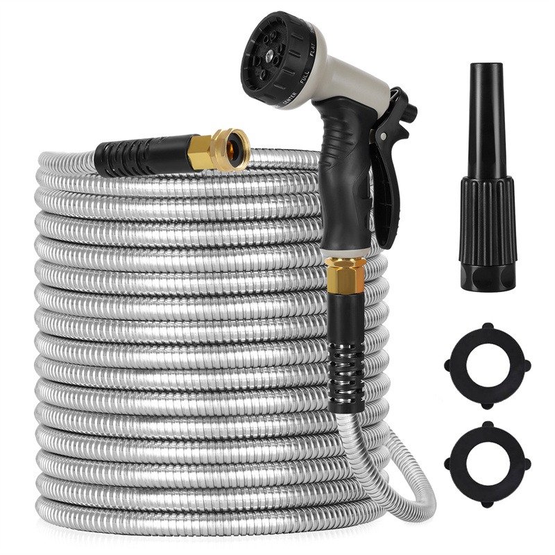0d2b882f-f916-49bc-b209-459887dc5d14.jpg Metal Garden Hose, 100ft Stainless Steel Flexible Water Hose With 10 Adjustable Patterns - Image 1