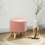 Linen Upholstered Foot Stool With Padded Seat, Hidden Space And Wood Legs, - Image 4