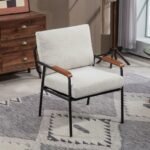 Modern Accent Chair With Natural Wood Armrests And Black Metal Frame