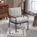 Modern Accent Chair With Natural Wood Armrests And Black Metal Frame - Image 6